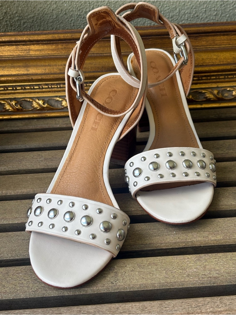 Coach White Studded Leather Block-Heel Sandals Paige.